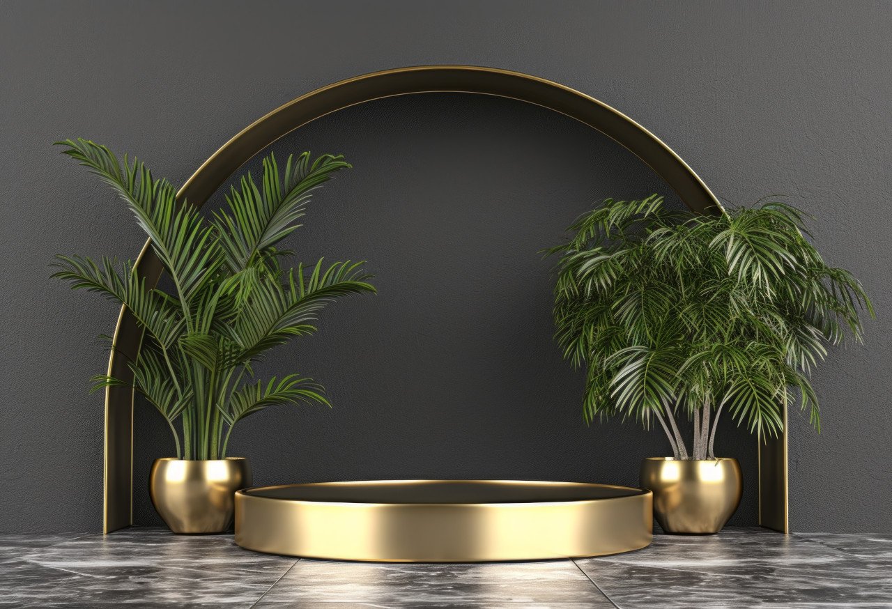A stylish gold tray showcasing a tempting cake or dessert complemented by vibrant green palms on the ground