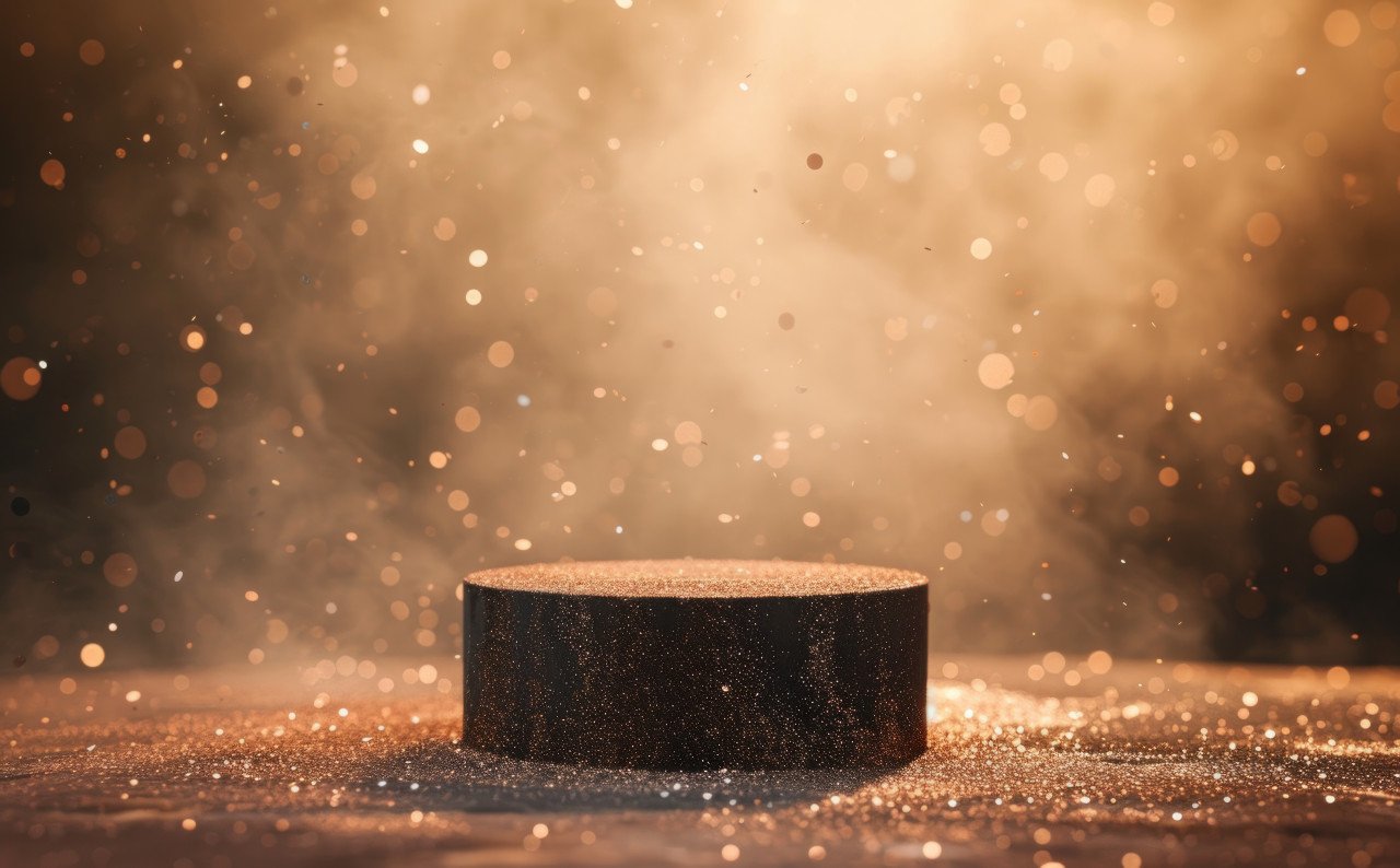 Glitter covered empty pedestal in the background