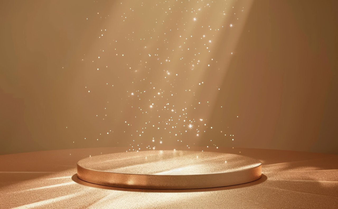 Shiny award podium glitter scattered set against a brown background