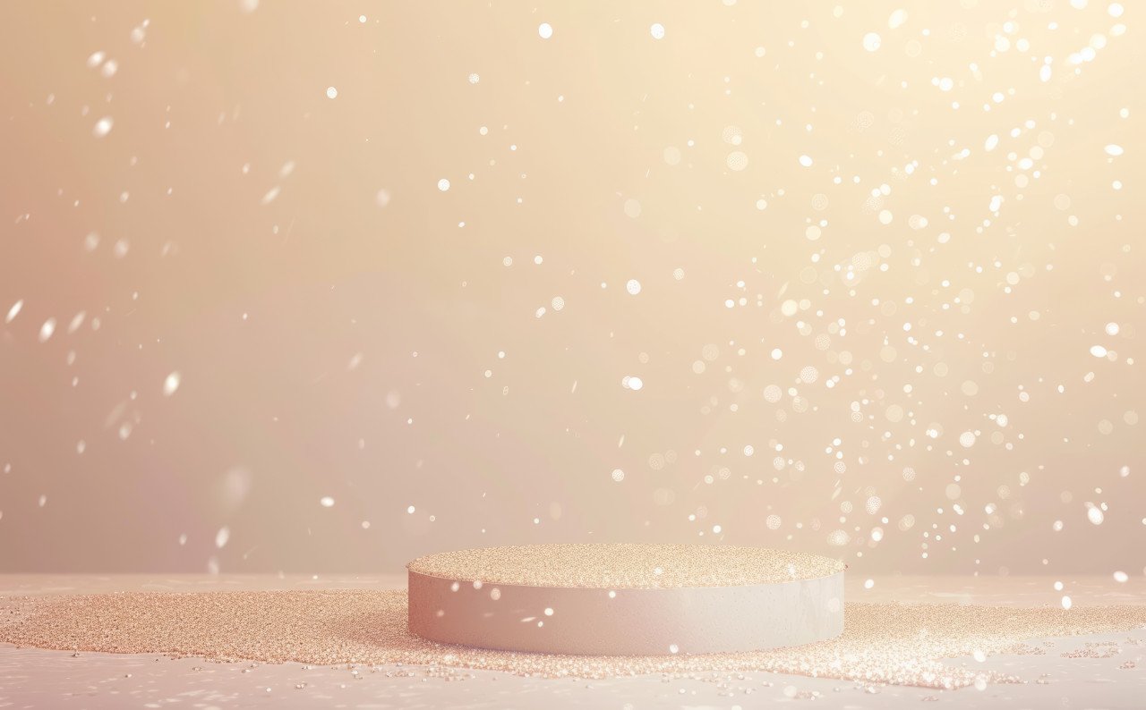 Shimmering pedestal sits alone in a sparkling backdrop