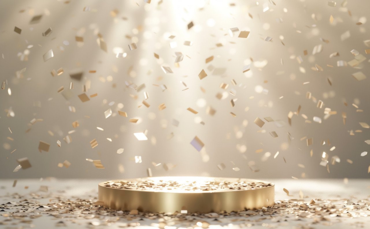 Colorful confetti in frame decorating a golden podium in the background