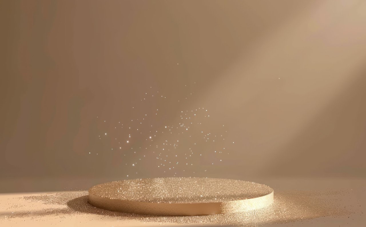 Circular award podium with scattered glitter on brown backdrop