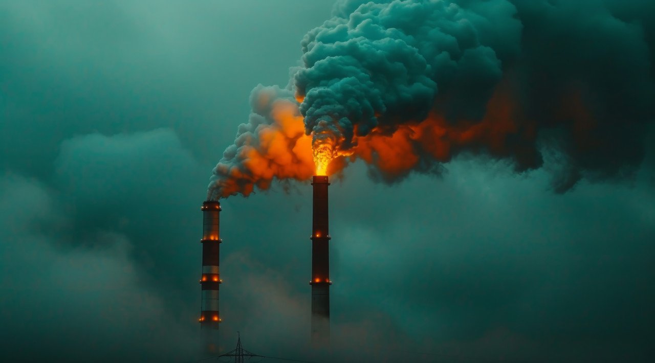 Enormous smokestack billowing smoke illustrating the environmental consequences of industrial activities