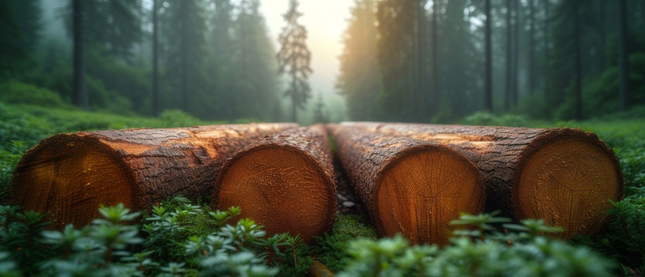 Logs resting on vibrant green grass surrounded by a forested scenery