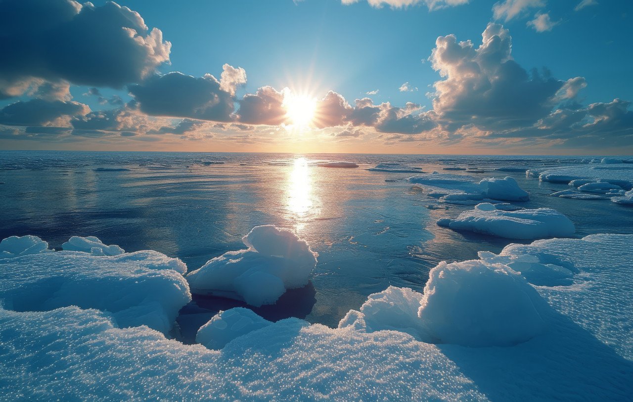 The open sea bathed in sunlight reveals a captivating scene as the ice glistens under the warm rays