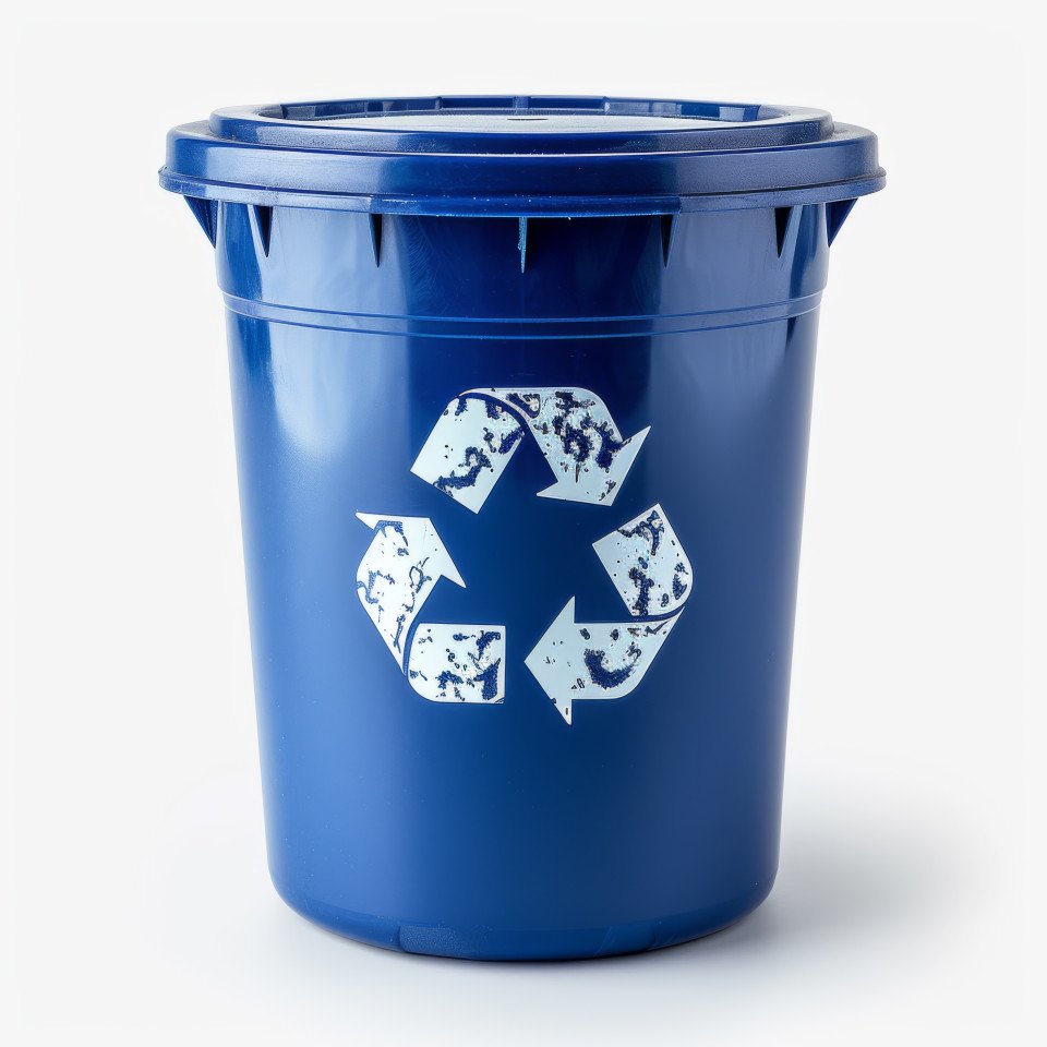 A white background showcases a trash container with recycling design