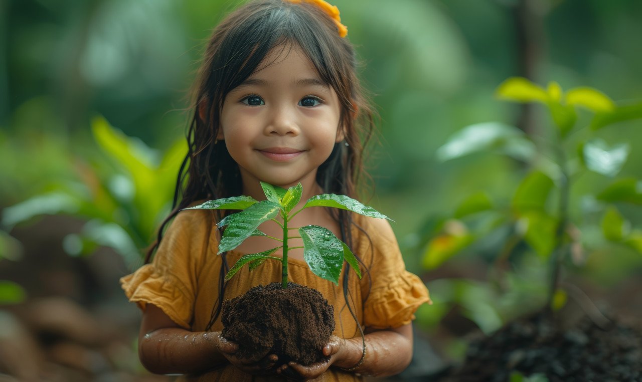 Joyful young girl with a plant near a tree
