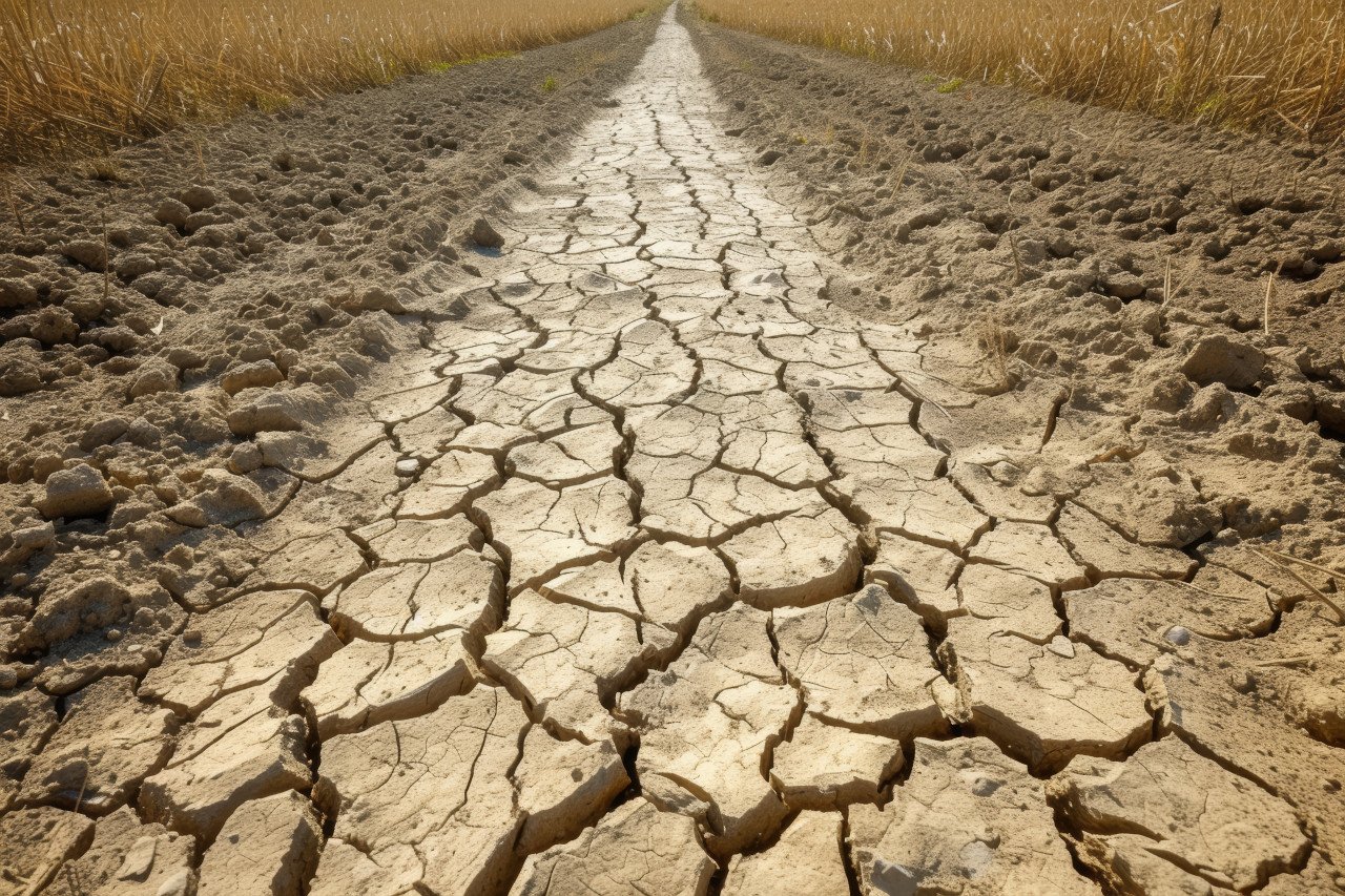 Arid farm field cracked lines illustrate the severe effects of drought on crop cultivation