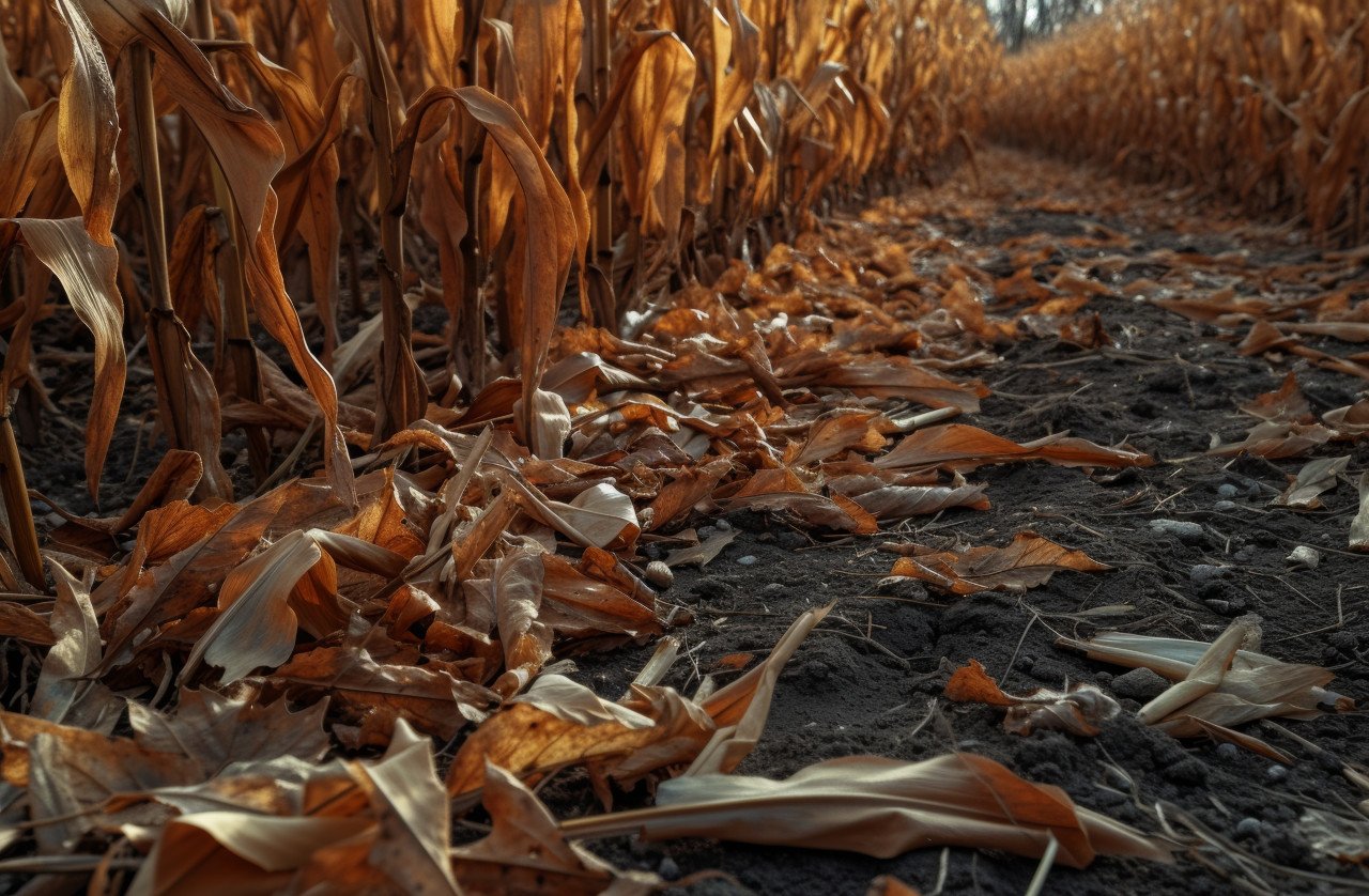 Field of corn with dried stalks and rusty leaves