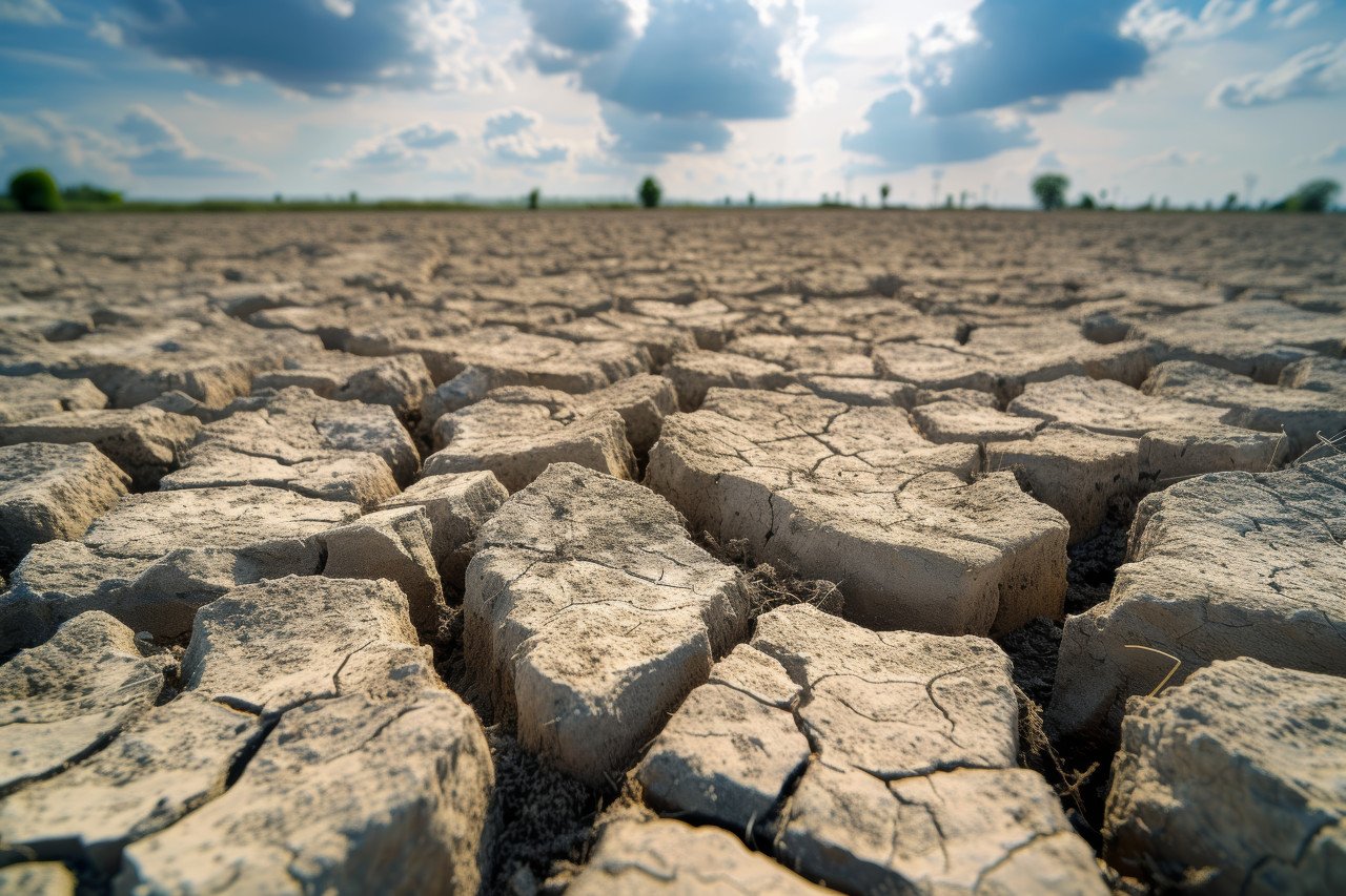 Arid landscape with visible cracks a result of intense heat and lack of water
