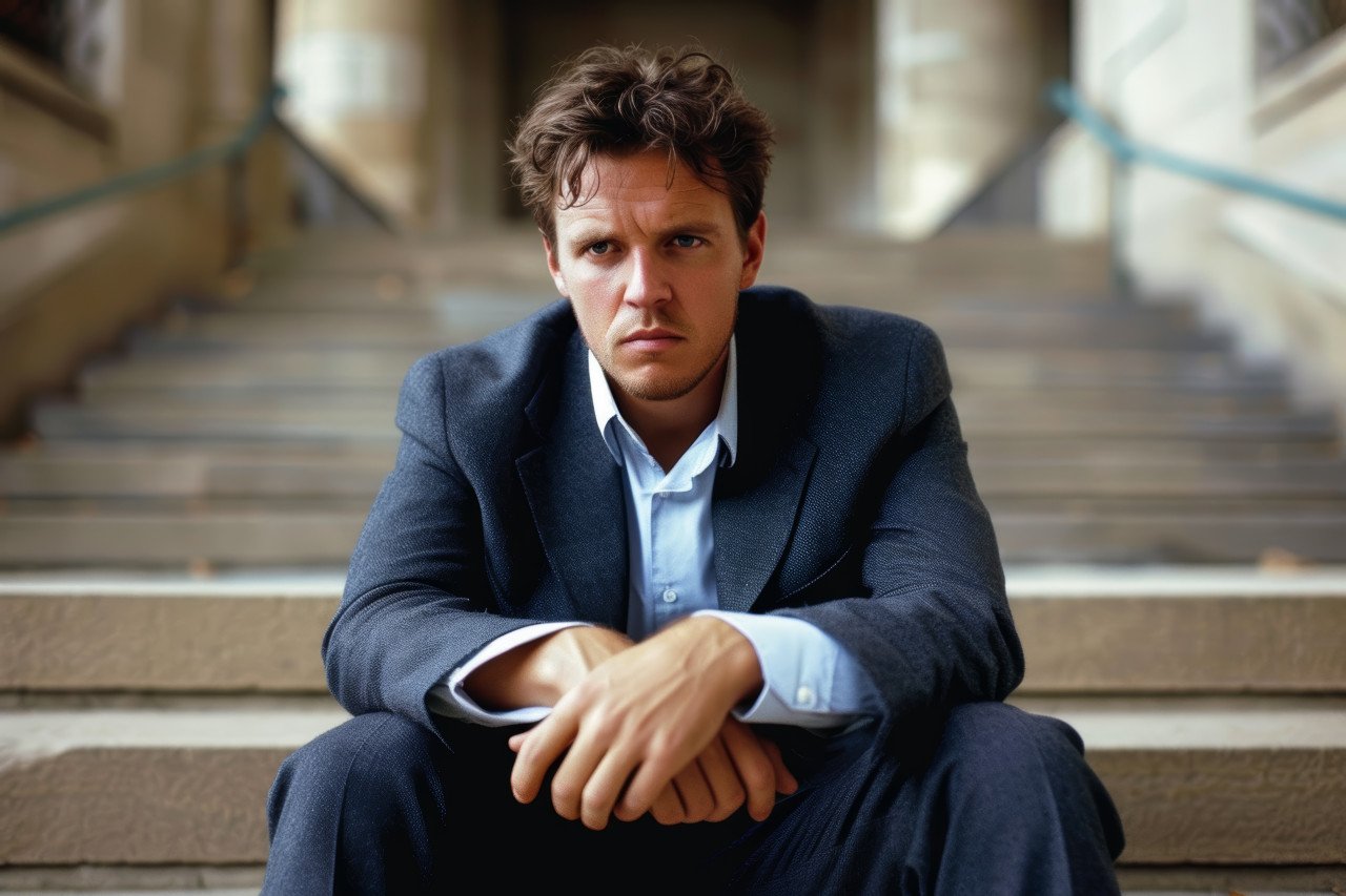 A businessman seated on steps wearing a contemplative expression pondering business decisions with a thoughtful demeanor