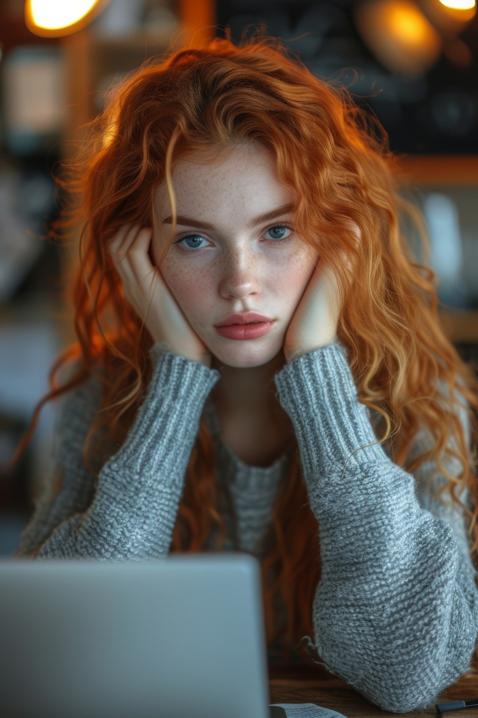 A woman at her desk with a laptop experiencing a headache in the office environment