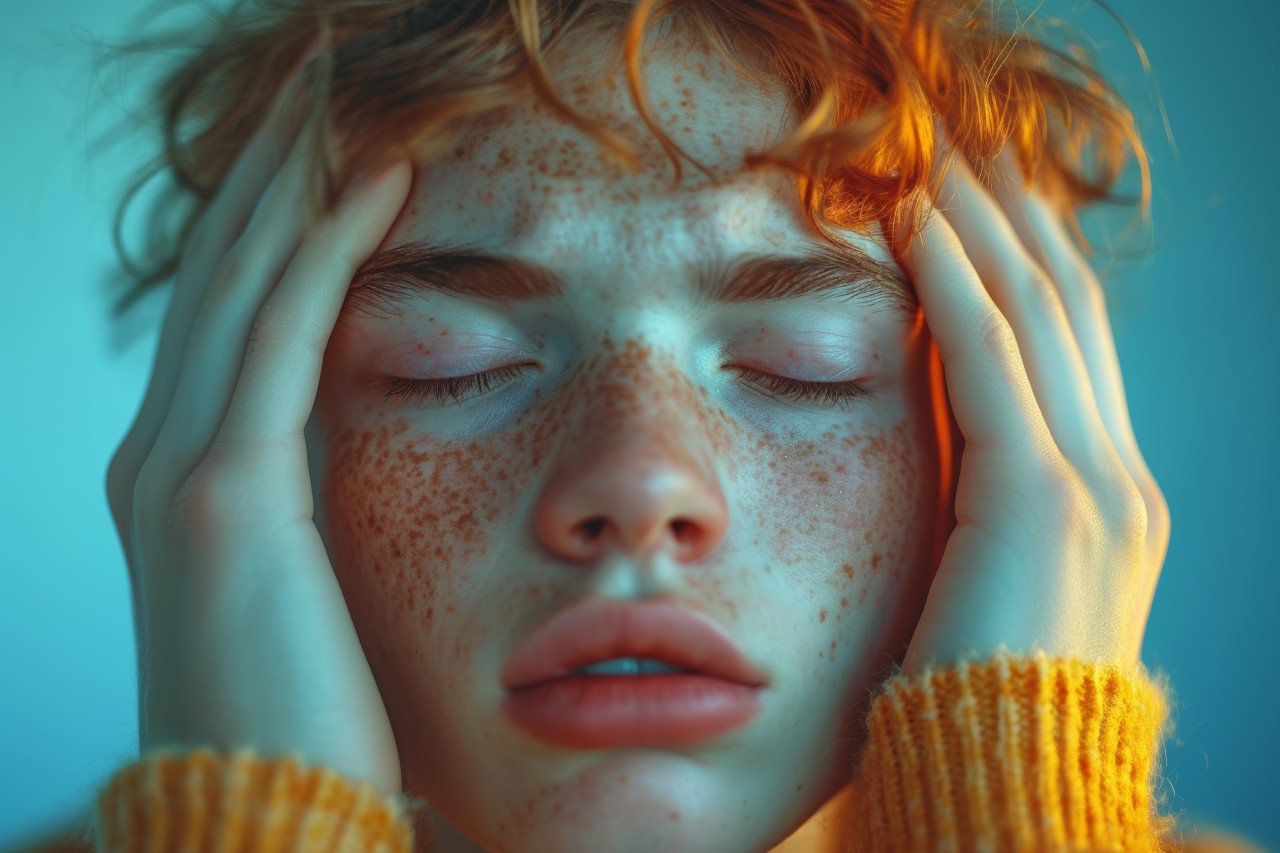 An upset male hands over head experiencing a headache expressing distress and discomfort