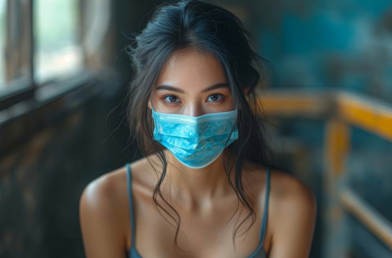 An asian woman masked for safety sits on a ladder