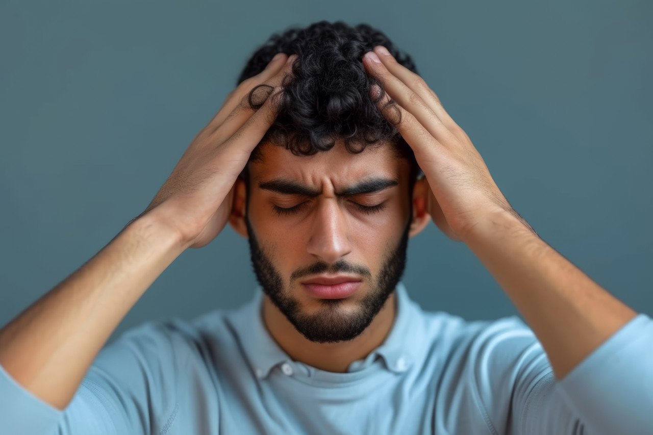 A man from the middle east is shown in distress holding his head in pain suffering from a headache