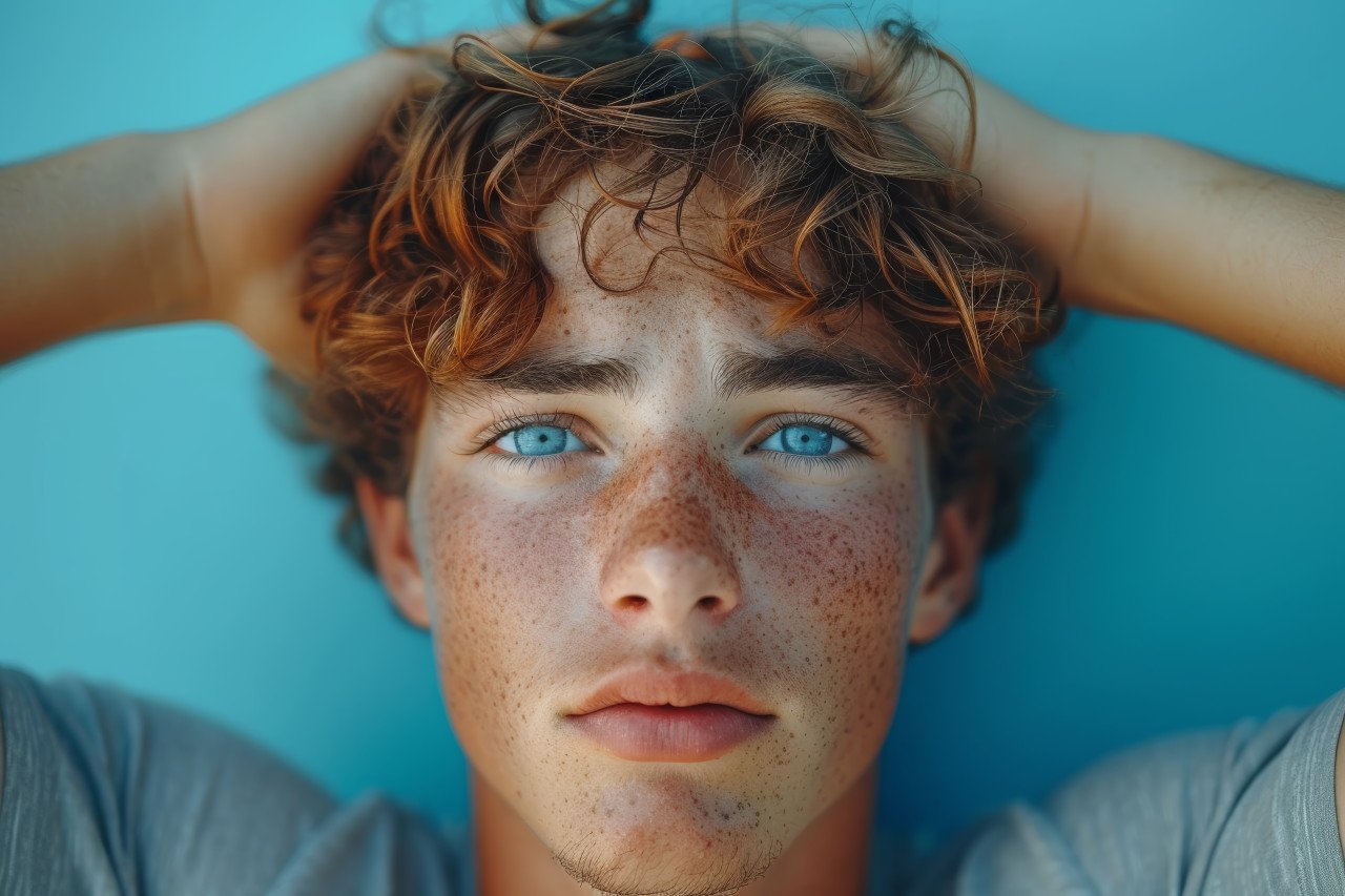 A cheerful young man is delighted showing joy with hands on his head and a beaming smile