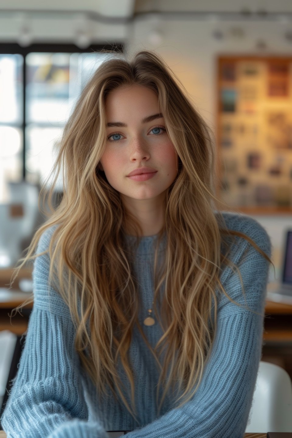 A focused woman wearing a blue sweater working diligently at her desk