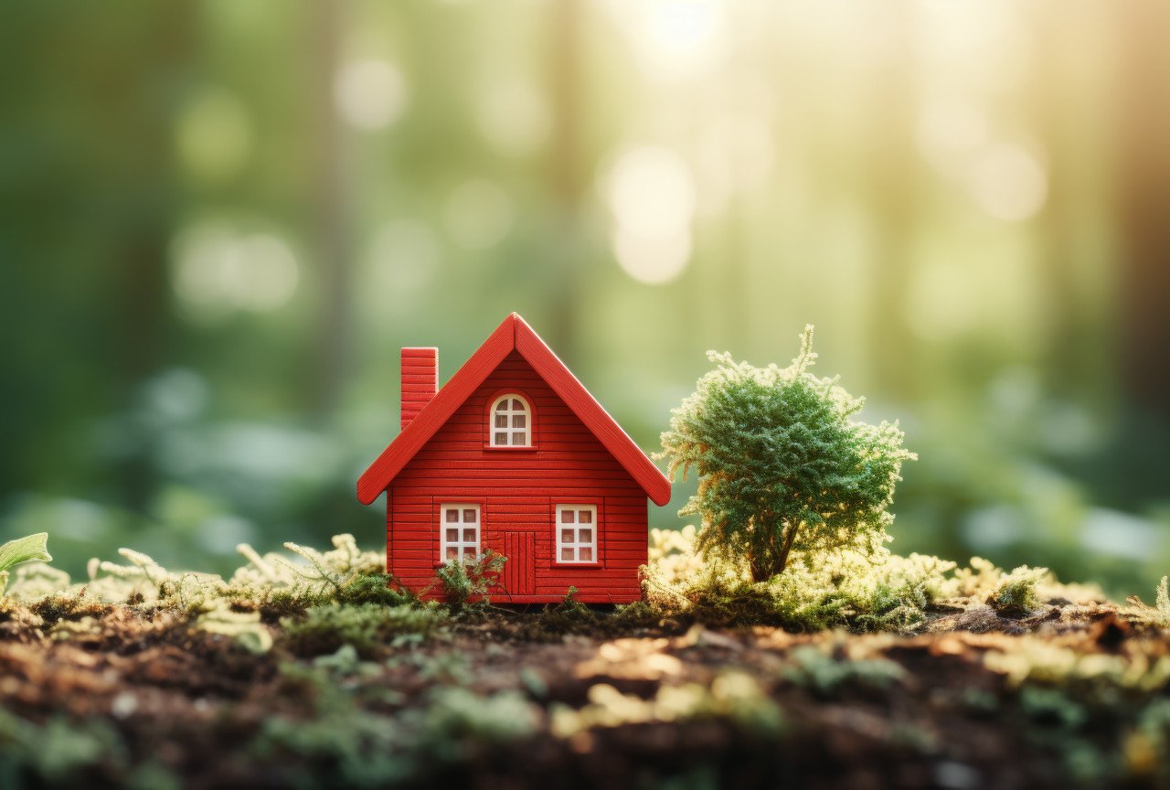 A miniature house sits on the green grass