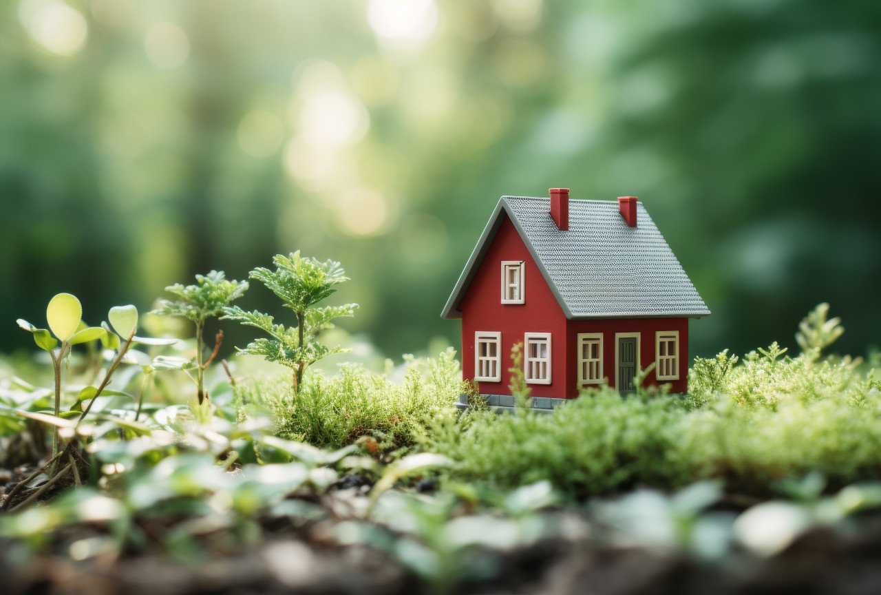 Red miniature house in lush green setting