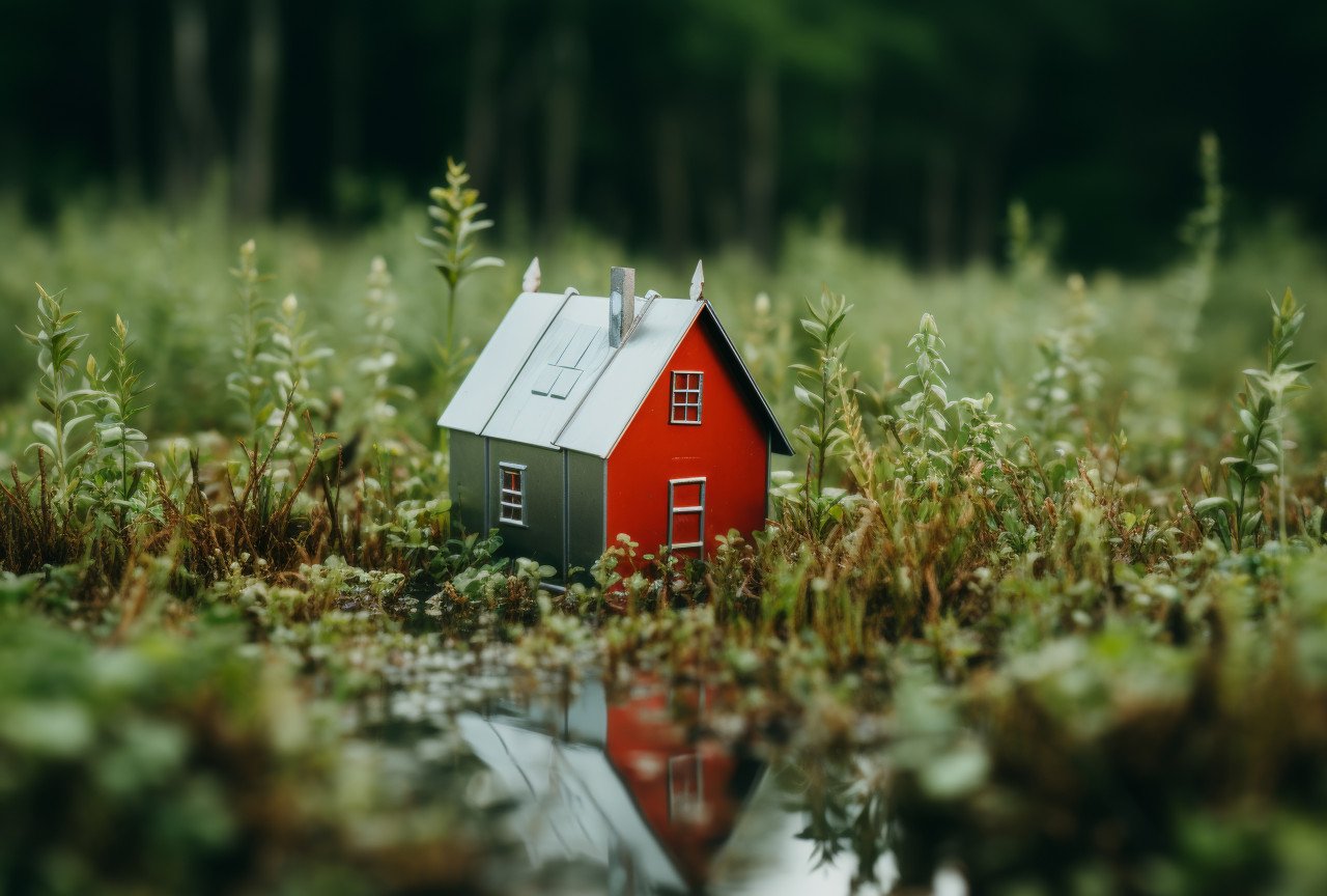 A small red house rests calmly in the lush green grass