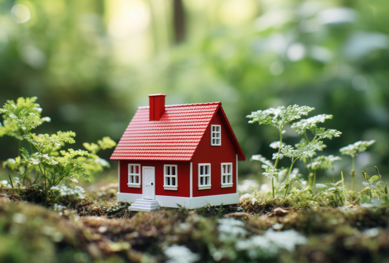 A miniature house sitting peacefully on the vibrant summer grass under the warm sun