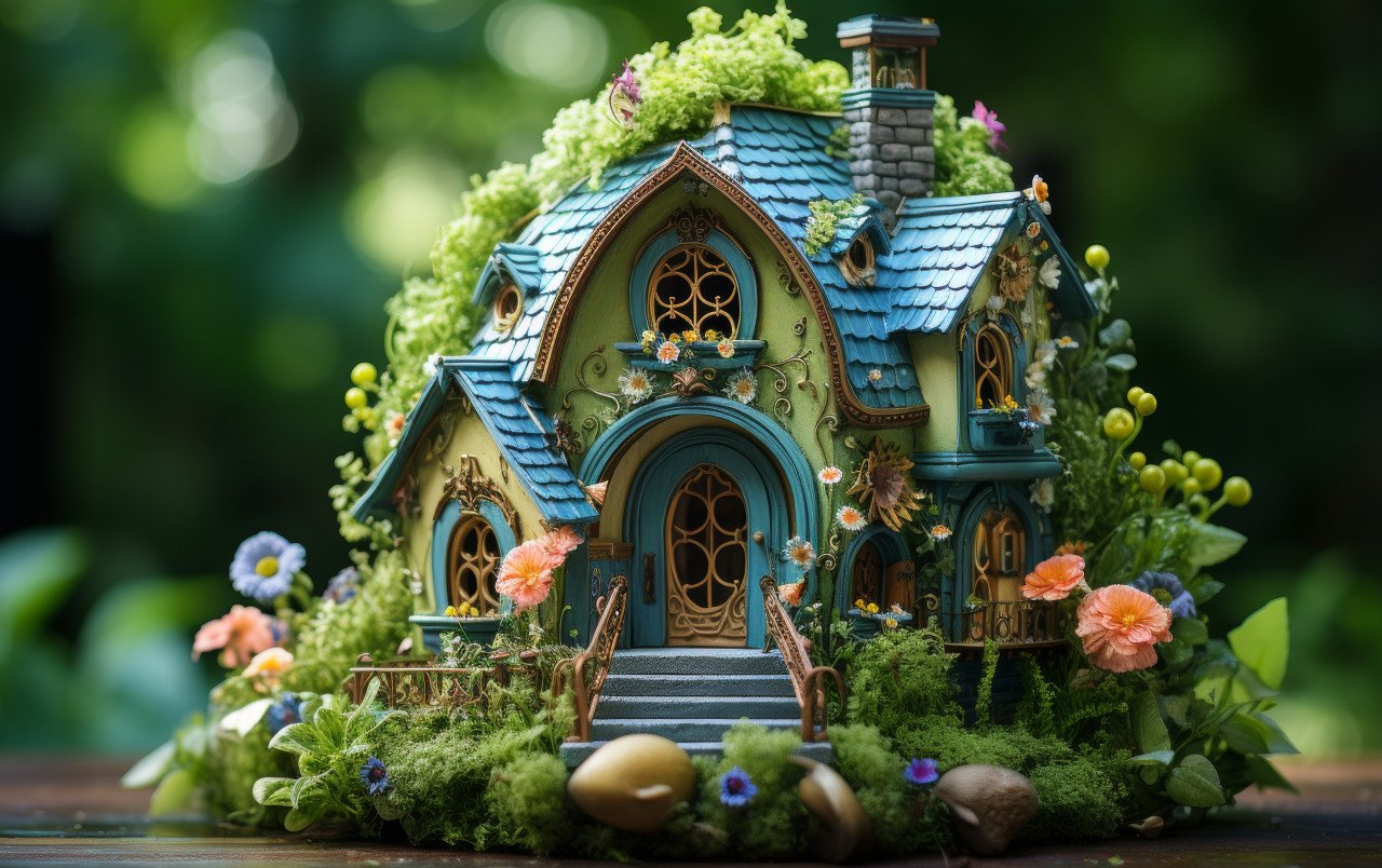 Vibrant house amidst green bushes on a charming lawn