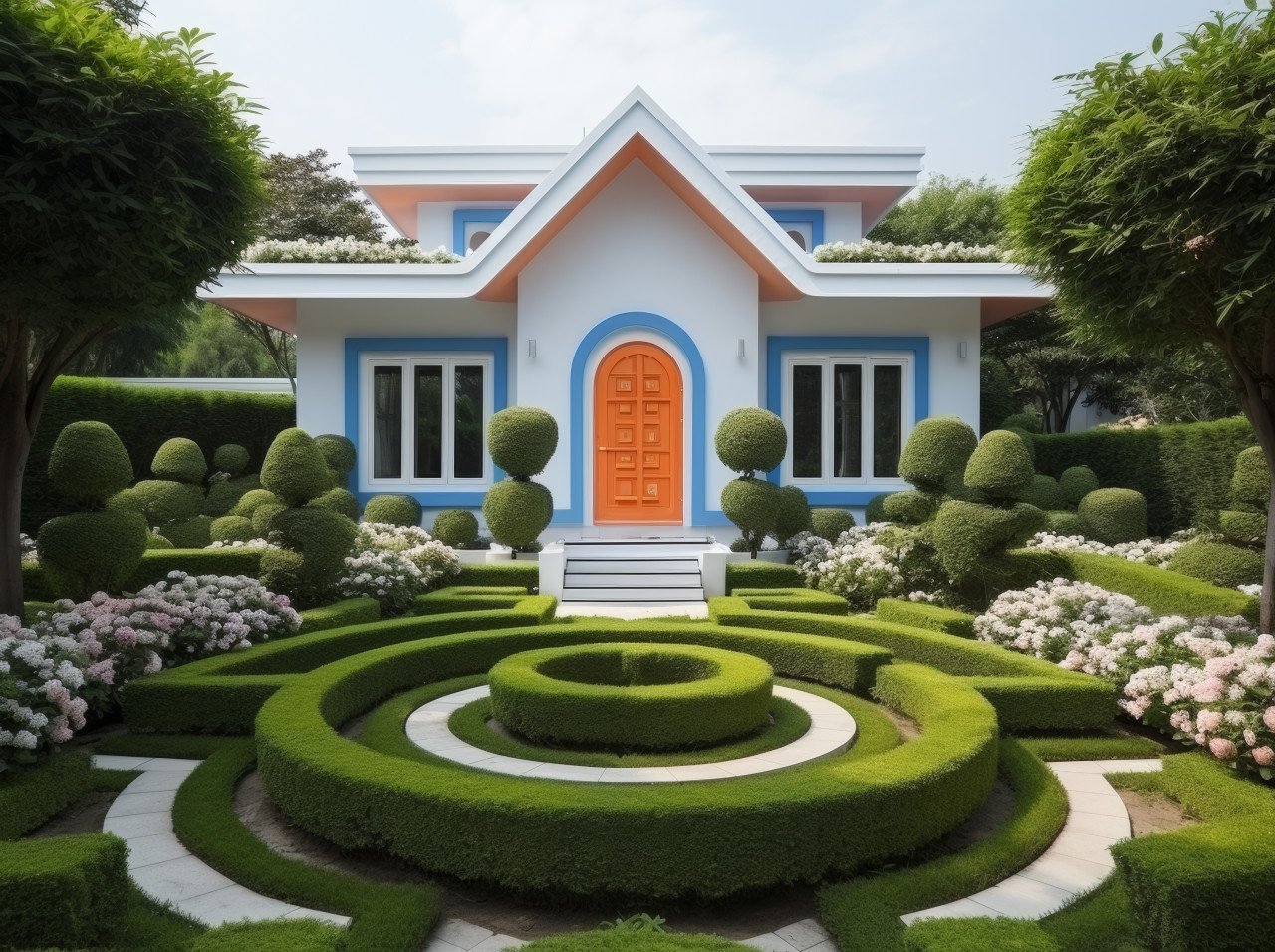 A charming cottage next to a vibrant green hedge garden