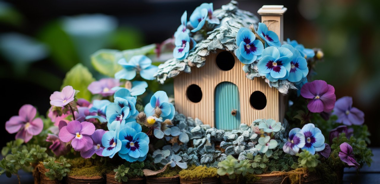 A charming fairy dwelling sits beside enchanting purple pansies