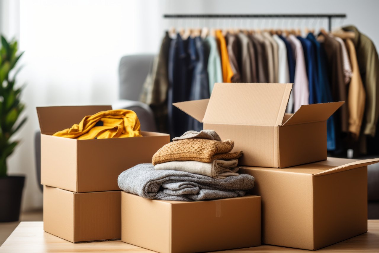 Neatly organized boxes hold clothes in a house
