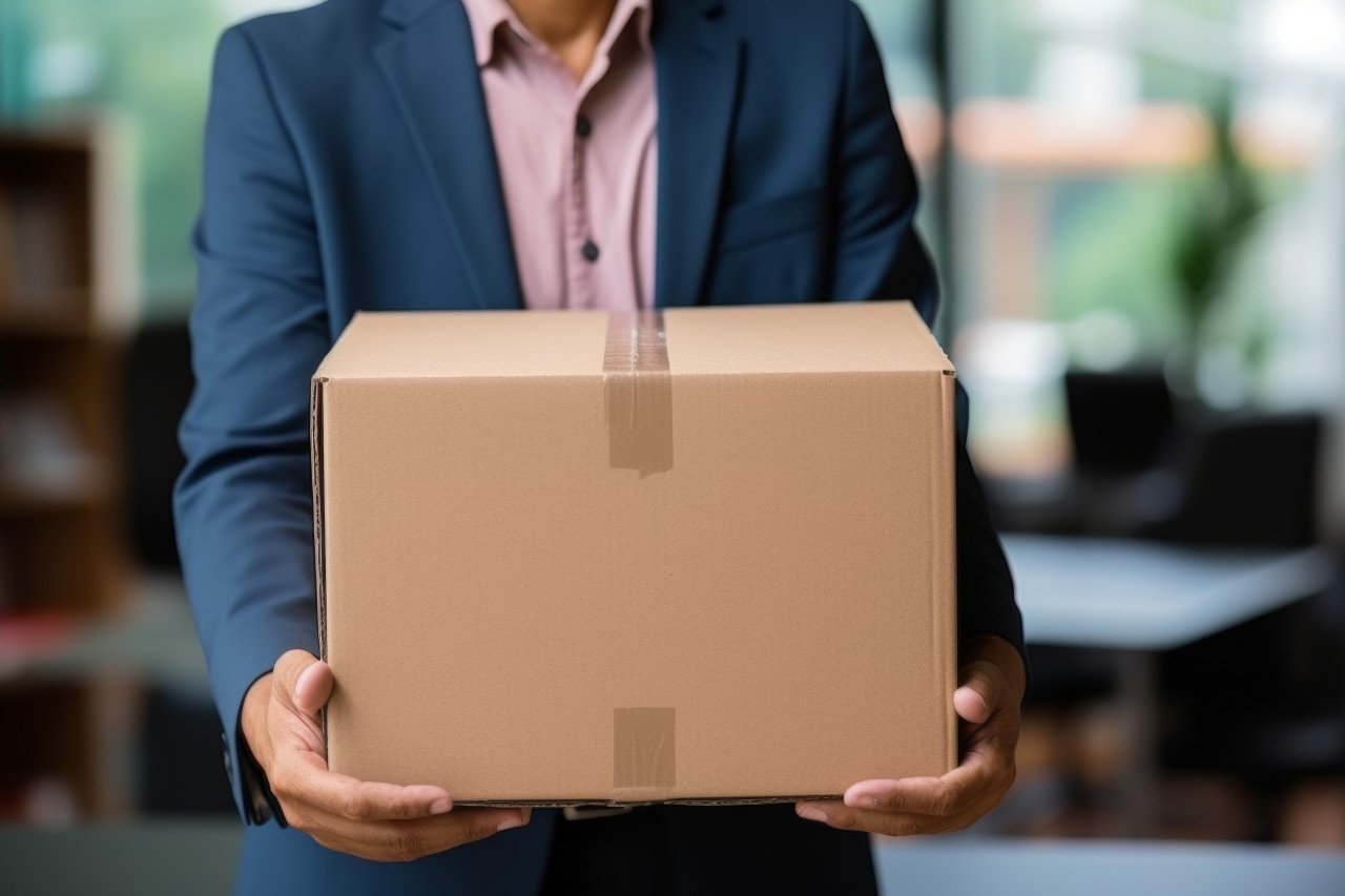Unemployed businessperson close up carrying cardboard box after job loss.