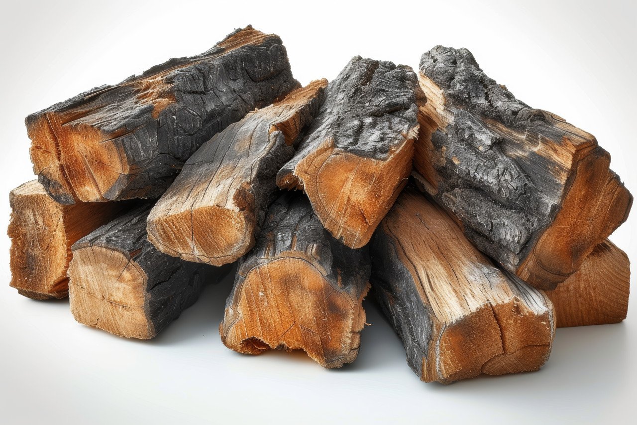 A pile of wood neatly arranged on a white background