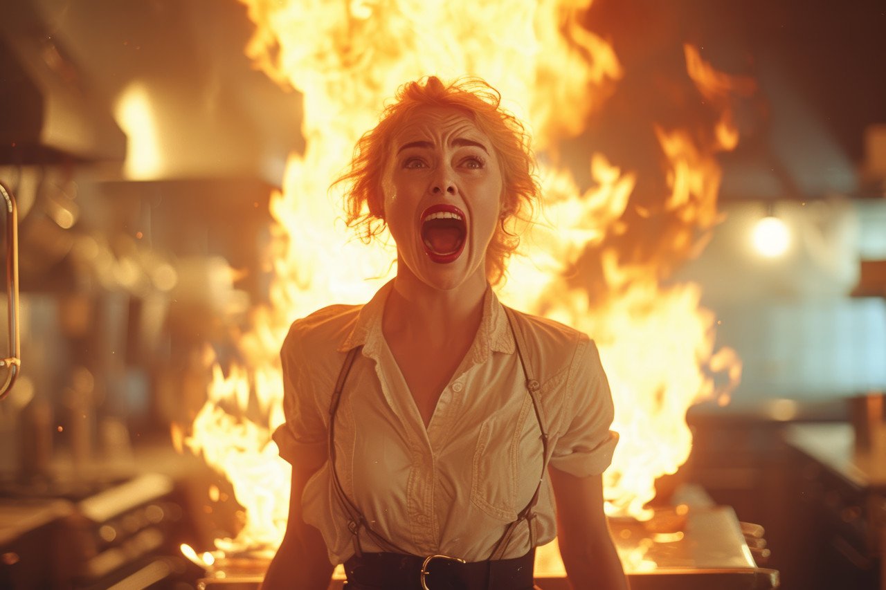 Woman screaming as flames engulf the kitchen urgent reaction to a sudden fire outbreak