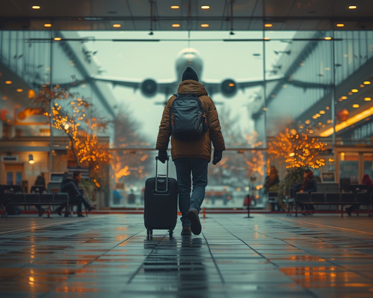 Man heading to luggage check with airplane soaring above in a busy airport scene