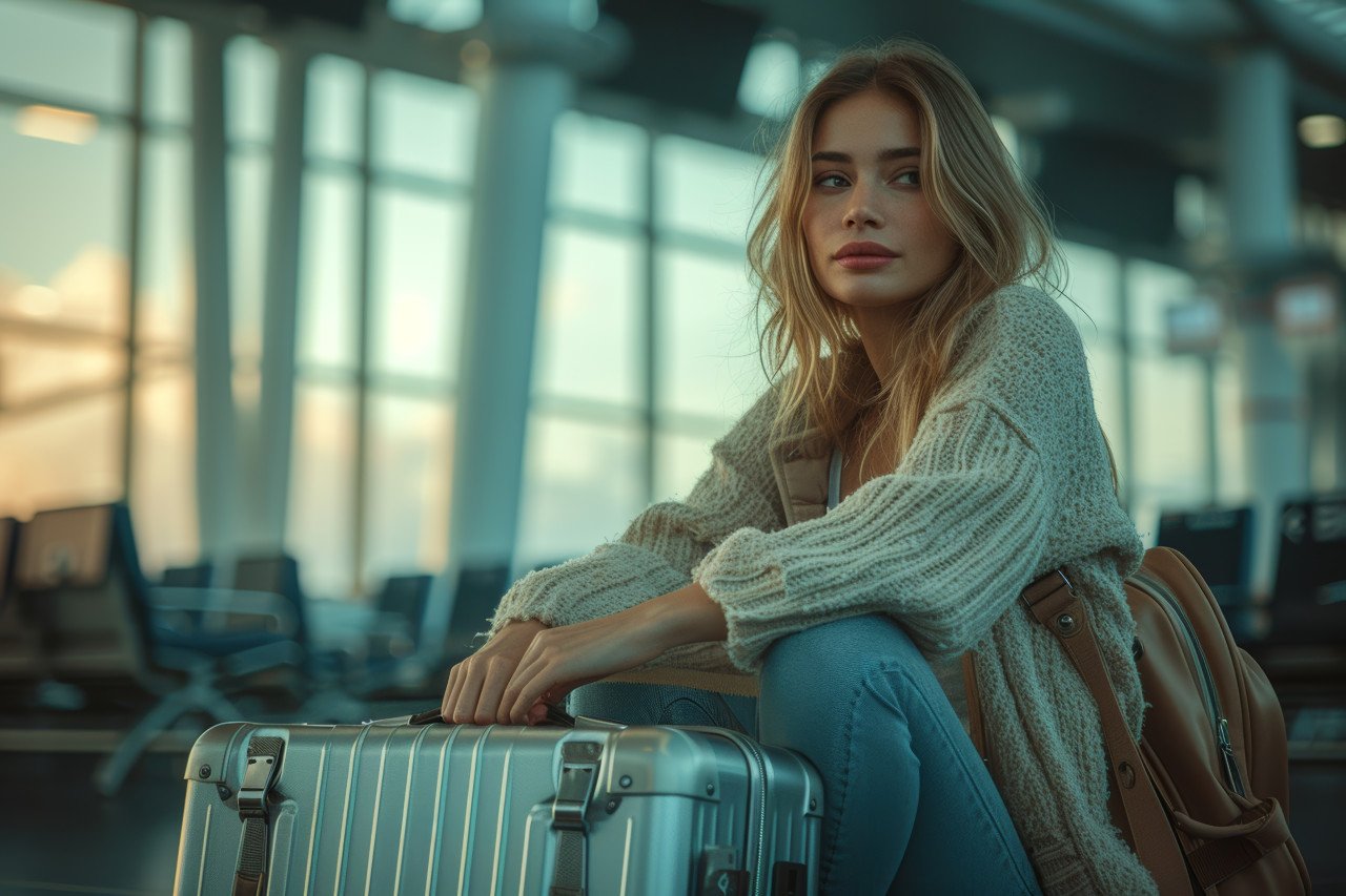 Woman sitting on airport floor with luggage beside her