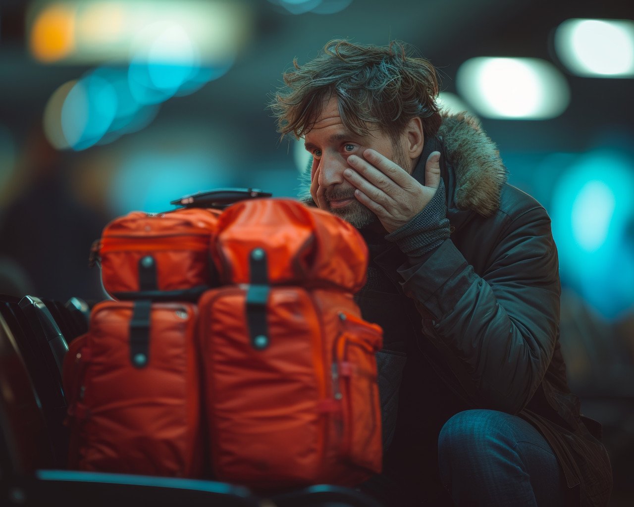 Man covering face with red luggage upset at airport terminal after missed flights