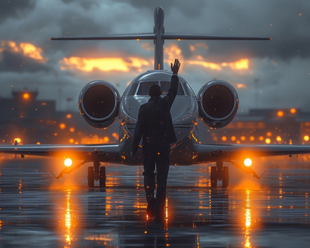 Businessman waving walking away from jet confident departure from private aircraft