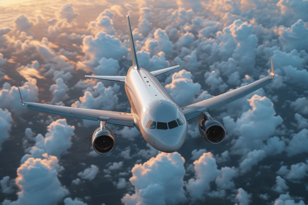 Commercial airplane soars above clouds in the sky a breathtaking view of travel and adventure