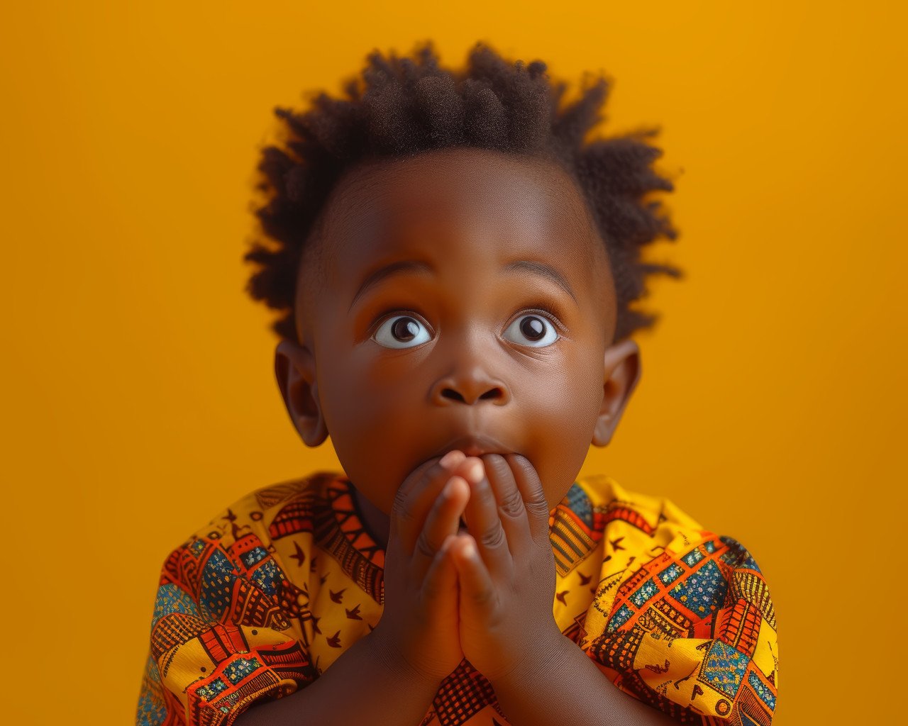 Young child expresses surprise hands covering mouth during playtime