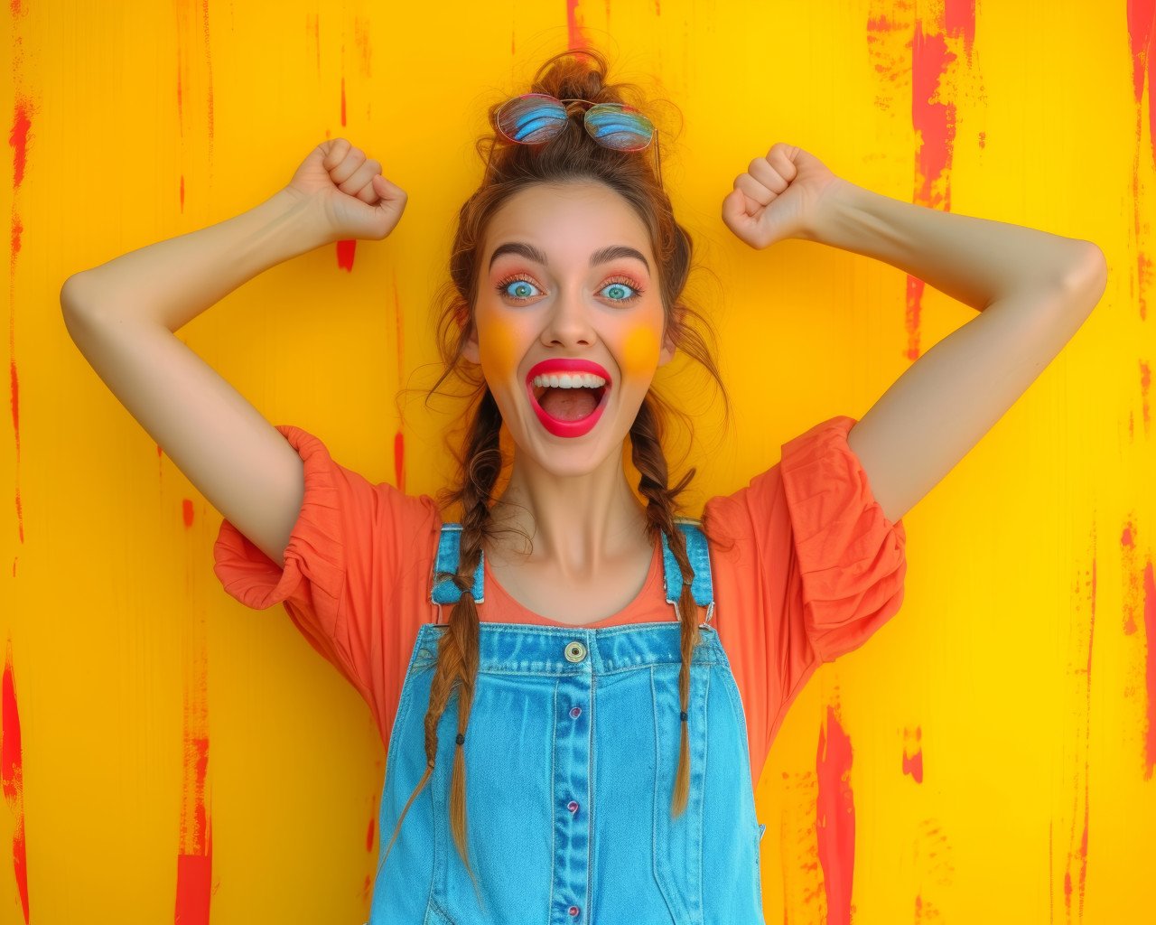 Happy woman with arms up in excitement celebrating joy and success with a big smile on her face