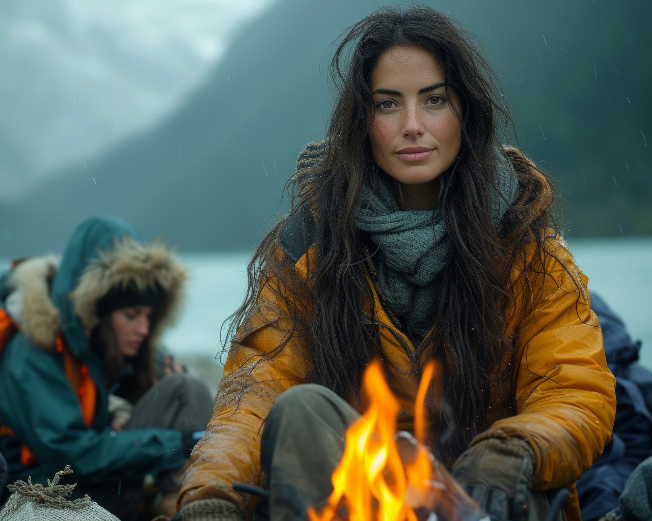 Woman sitting by open fire with others enjoying warmth and company outdoors