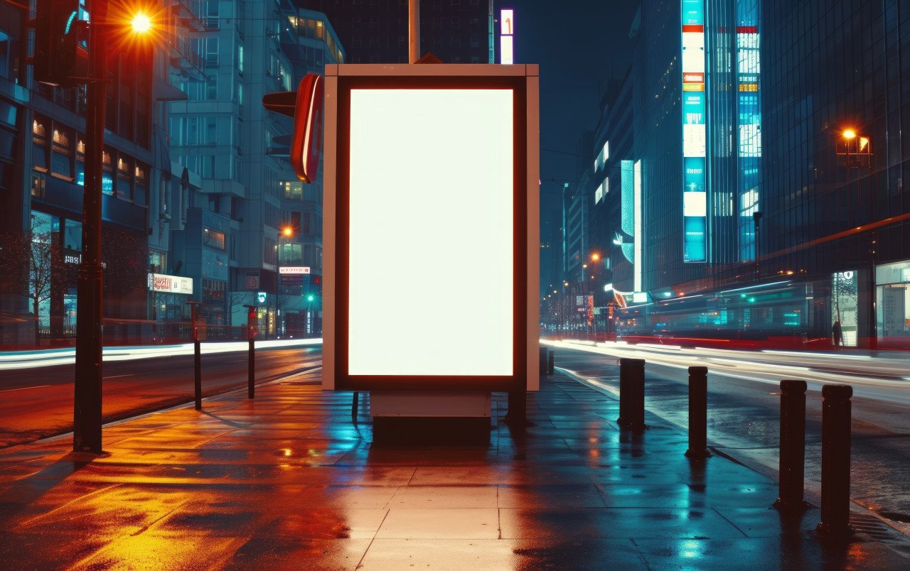 An empty poster displayed on a city street at night