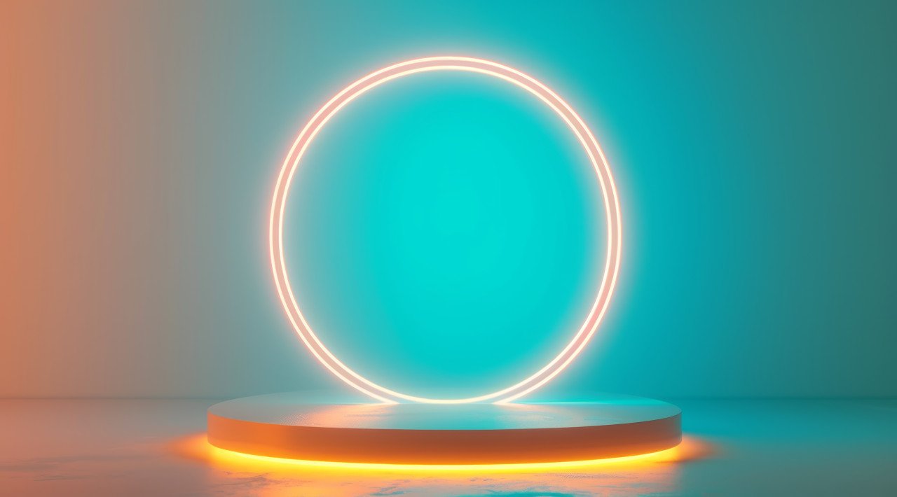 Glowing neon light on a pedestal radiating vibrant colors