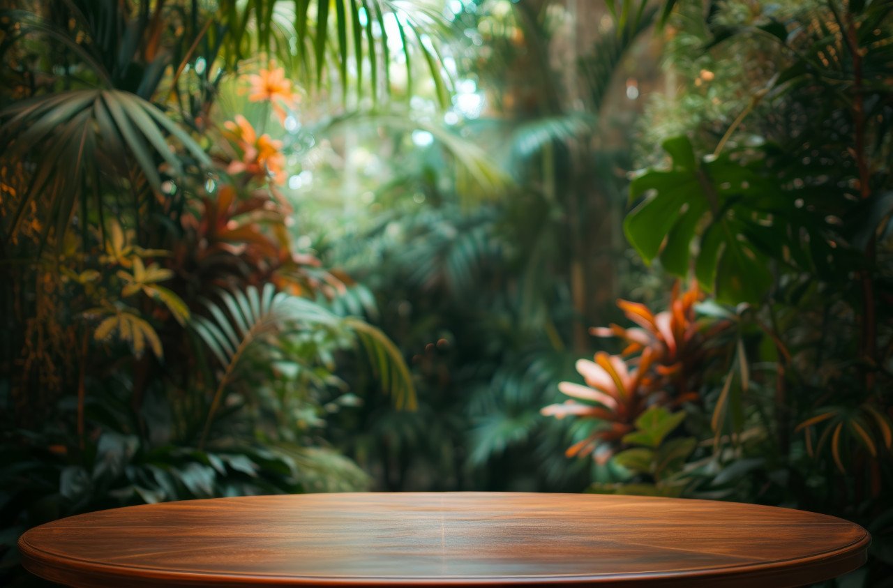 Wood round table in front of plants
