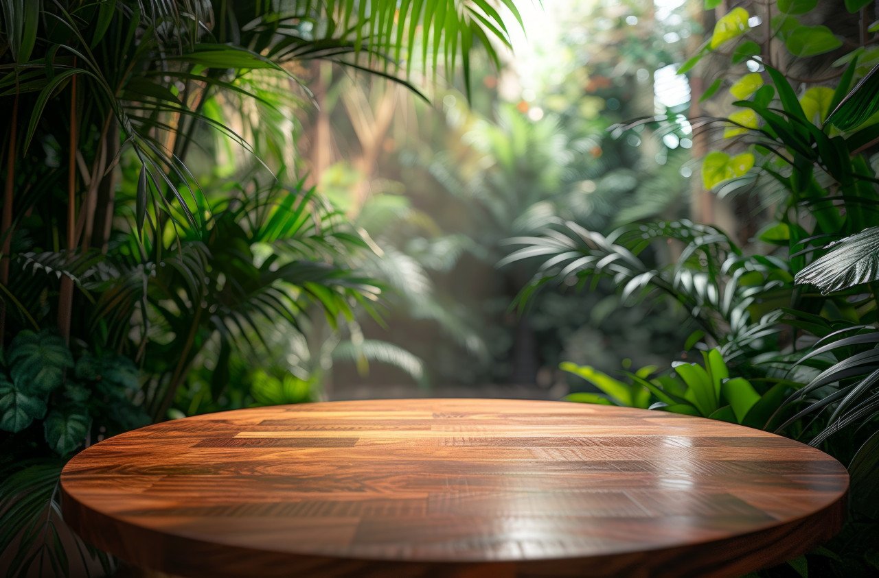 A round wooden table set against a plants backdrop