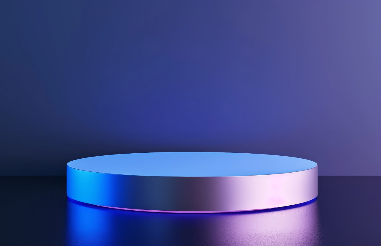 A blue podium against a dark blue backdrop