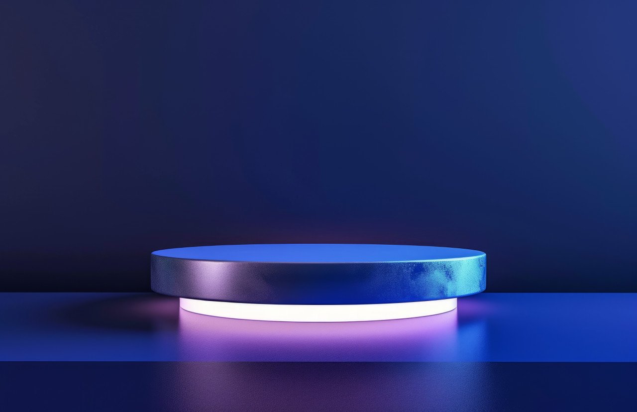 Blue podium glowing on a dark blue backdrop