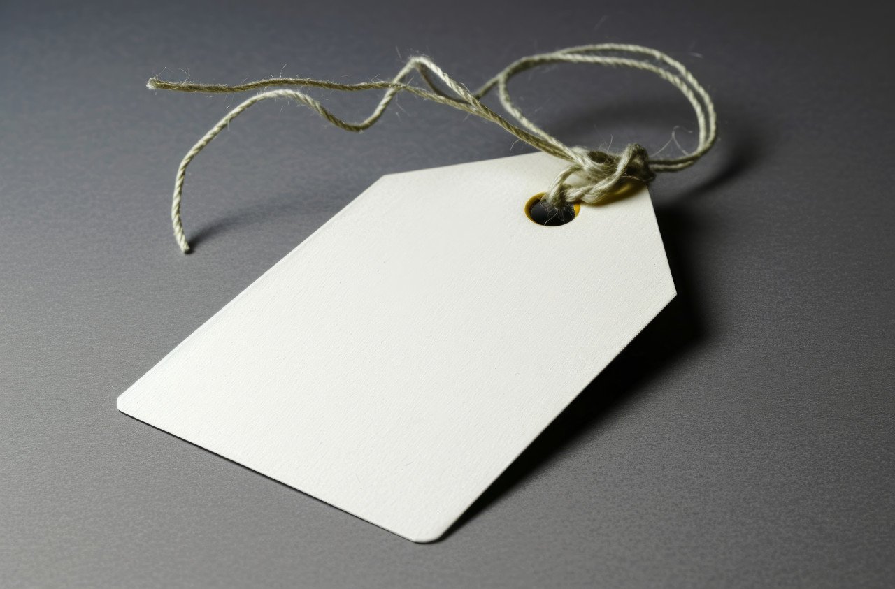 Simple white tag against a gray backdrop