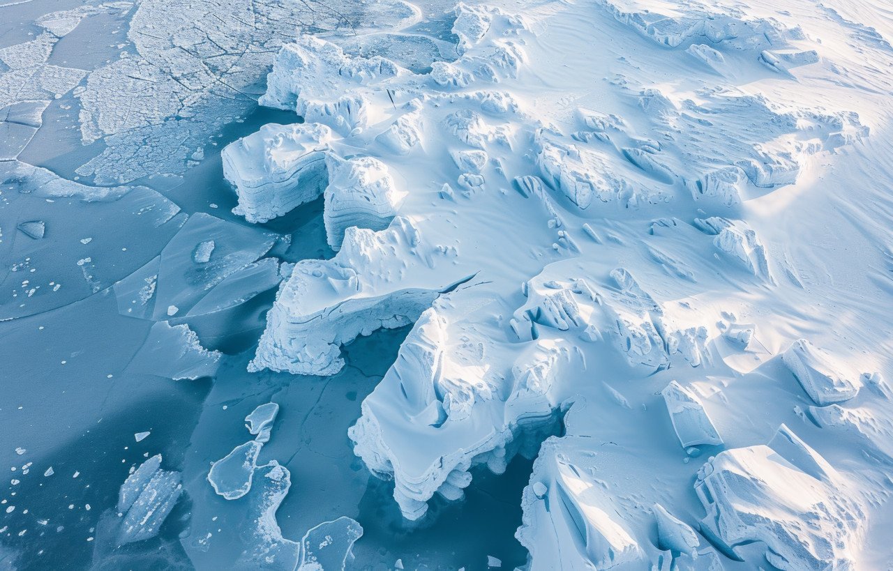 Icebergs covered in white snow seen from above