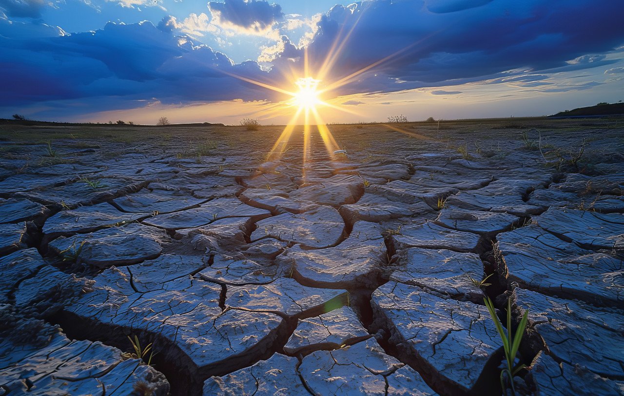 Sun setting over dry ground