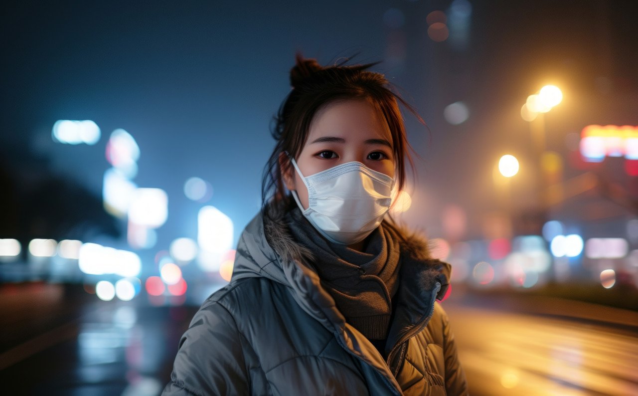 A girl in a gray jacket wearing a face mask with air pollution during the night